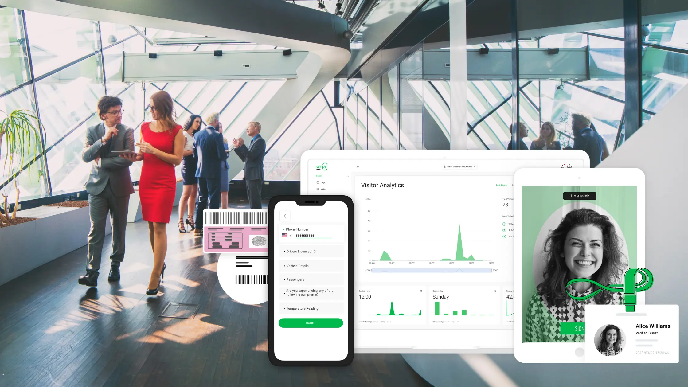 Mobile screens showcasing visitor management software for check-in, analytics, and ID scanning in a modern office.