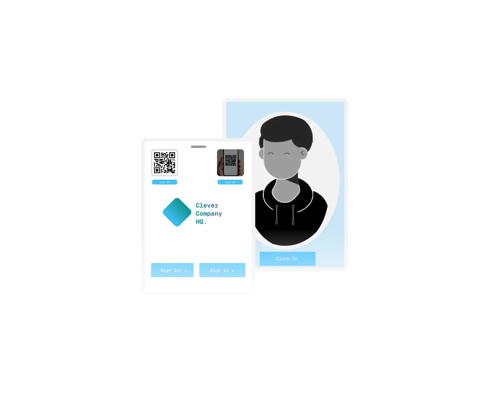 Digital check-in and check-out app screens with QR codes and a user profile.