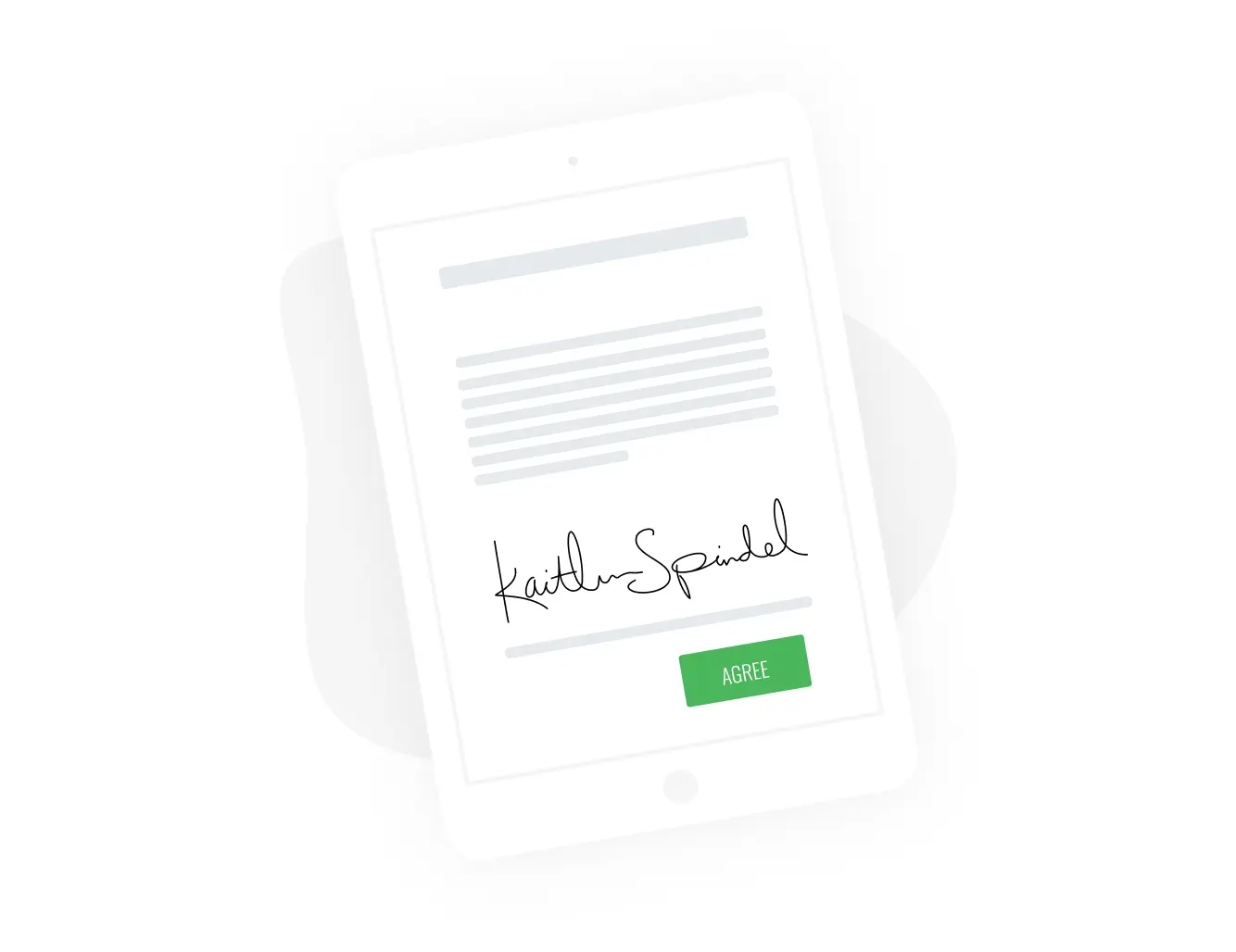A tablet screen displaying an electronic document with the signature "Kaitlyn Spindel" and an "AGREE" button.