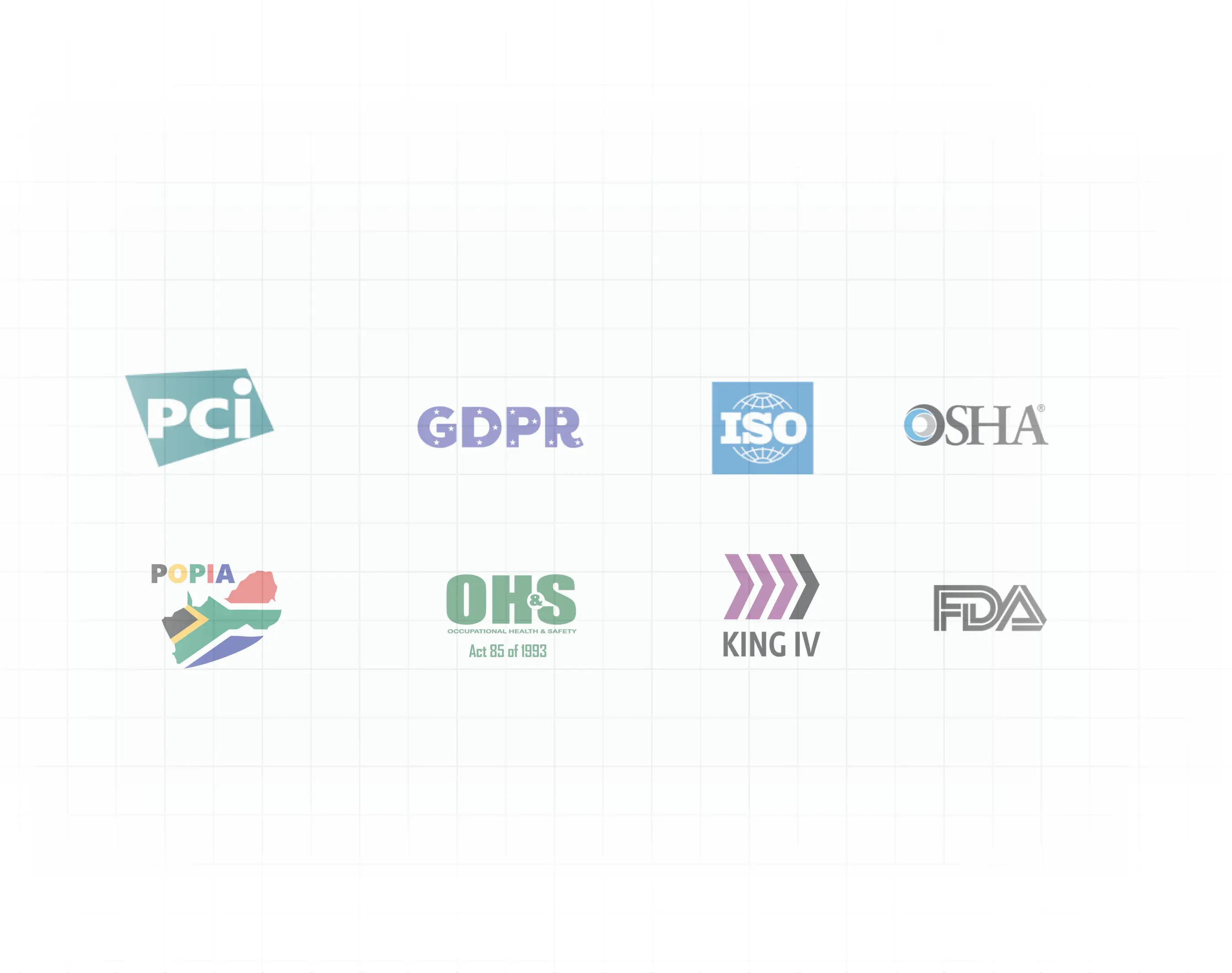 a grid of logos including pci gdpr iso oks fda and king iv