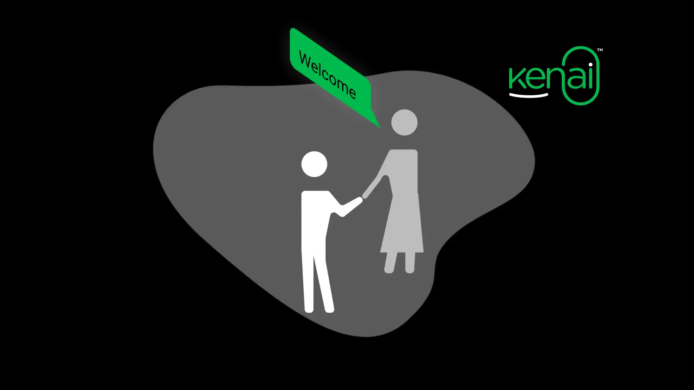 a man and woman shaking hands with a sign that says welcome