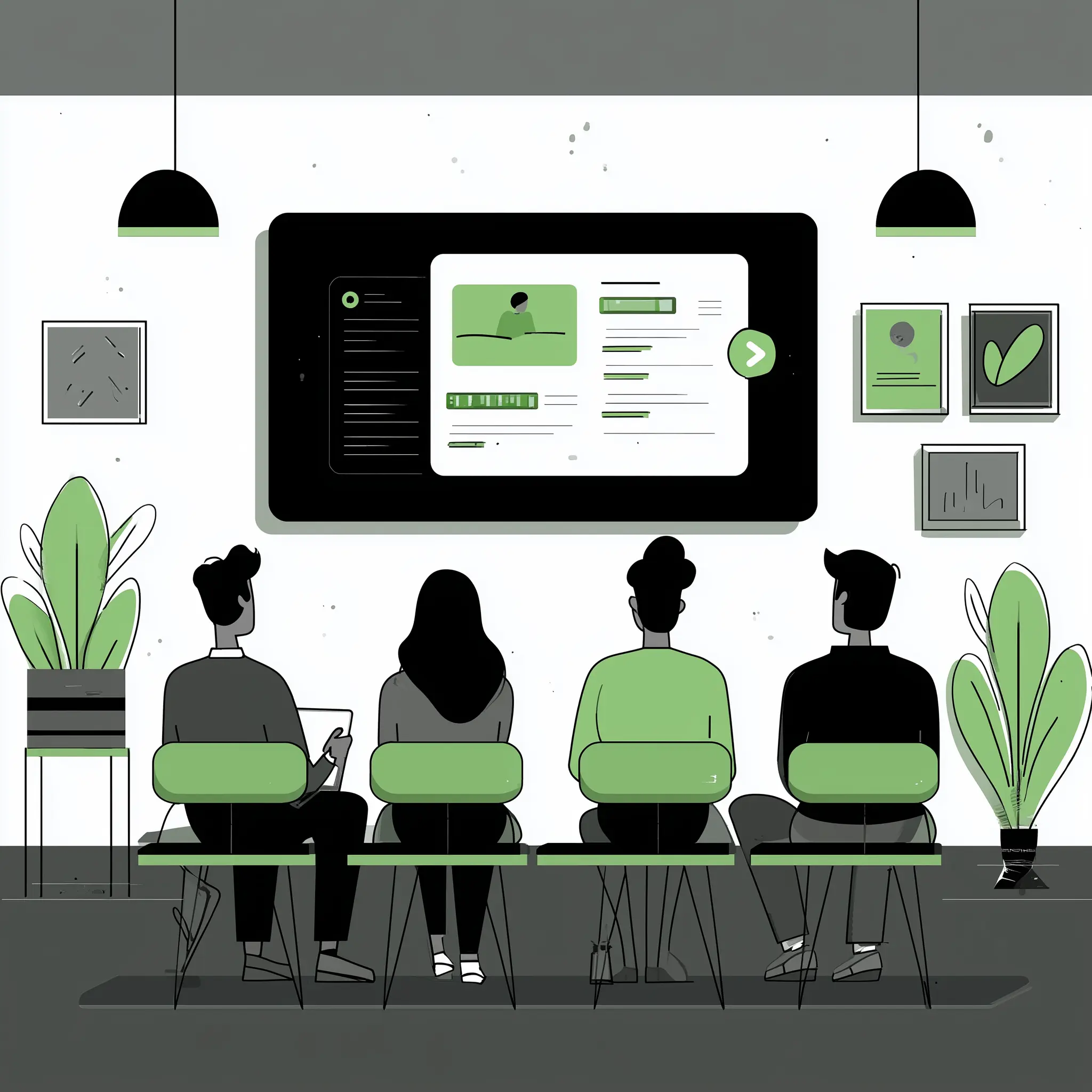 Four people with their backs to the viewer watch a large screen displaying a digital interface with a video player, in a room with green accents.